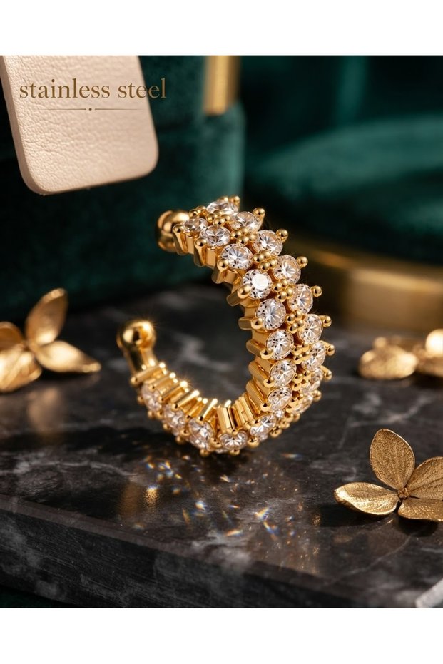 Gold Color 1 Piece Two Row Stone Single Compression Cartilage Steel Earring