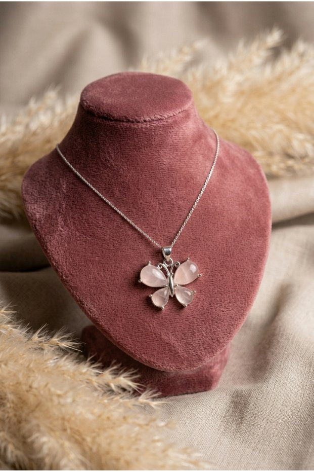 Butterfly Figured Natural Stone Steel Chain Necklace