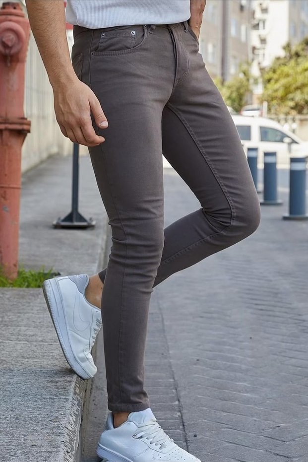 Men's Light Brown Lycra Trousers Slim Fit Narrow Leg 5 Pockets