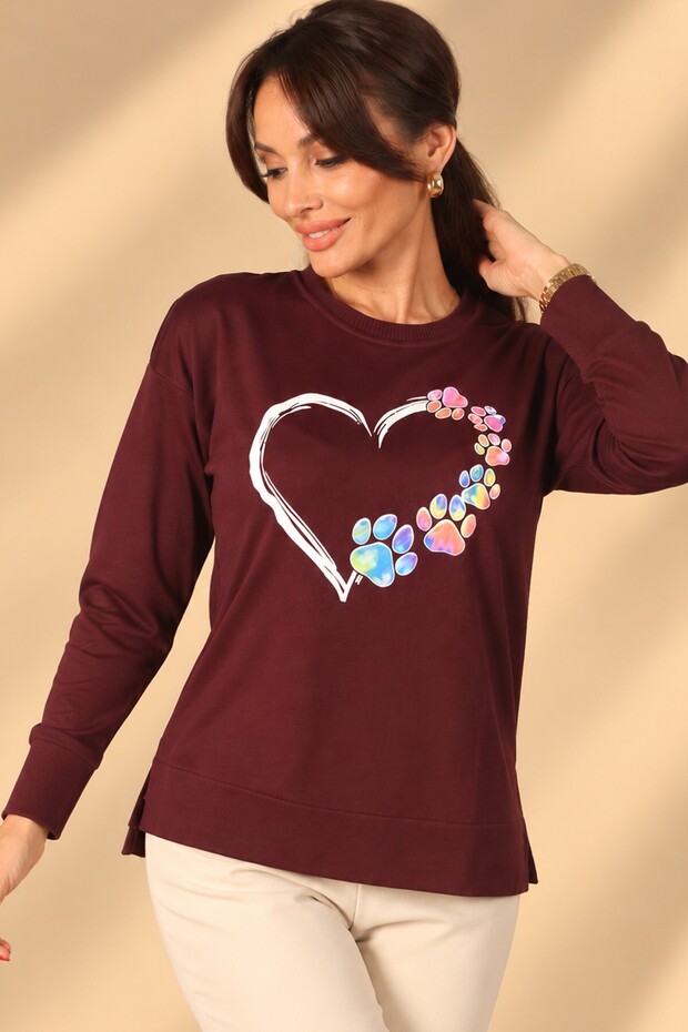 Women's Colorful Paw Print Heart Pattern Long Sleeve Blouse