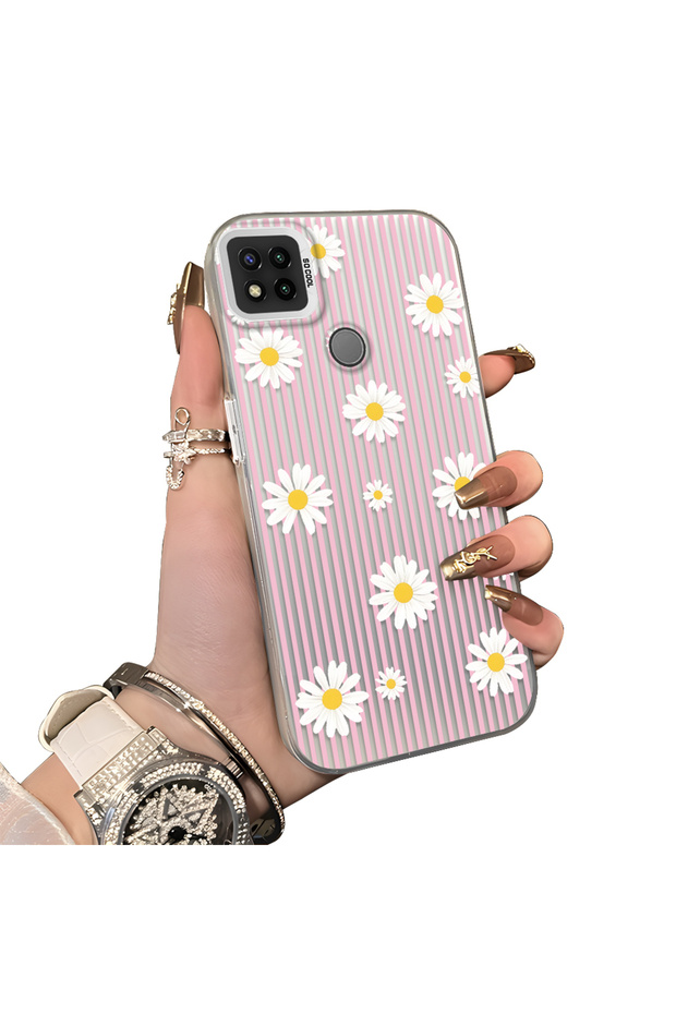Redmi 9C/10A Compatible Women's Pink Striped Daisy Phone Case Shockproof