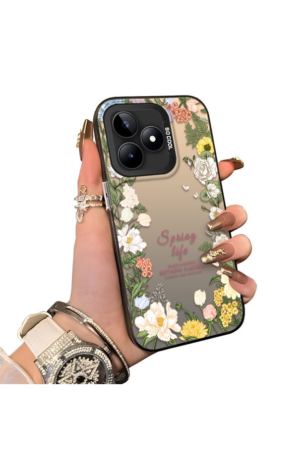 حافظة هاتف متوافقة مع Realme C51/C53 ذات إطار على شكل زهرة ونقوش حديقة نباتية