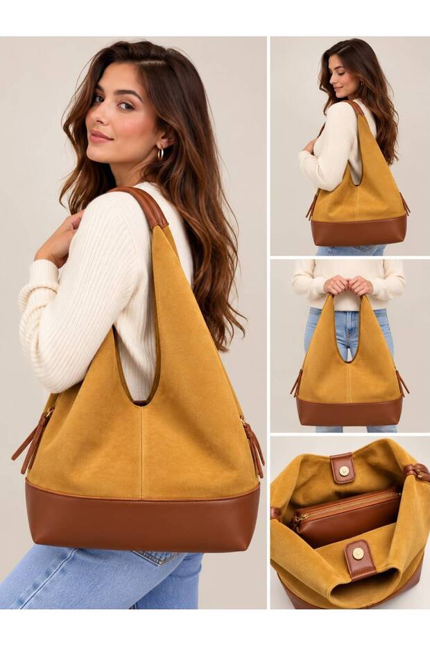 Women's Suede-Look Large Shoulder Bag – Large Internal Volume, Zippered, Stylish Everyday Hobo Bag
