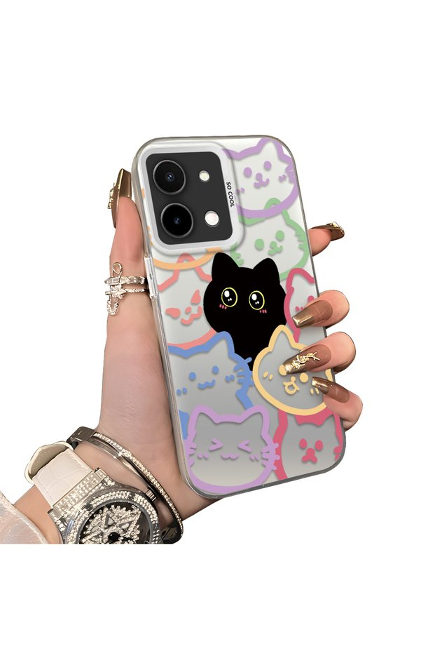 Vivo Y28 4g Compatible Colorful Line Cat Figure Phone Case Shock Absorbing Protective Case