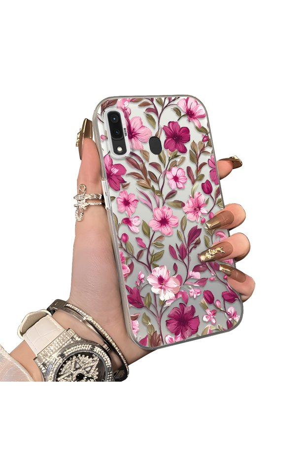 Samsung Galaxy A30/A20 Compatible Burgundy Pink Flower Pattern Phone Case Shockproof