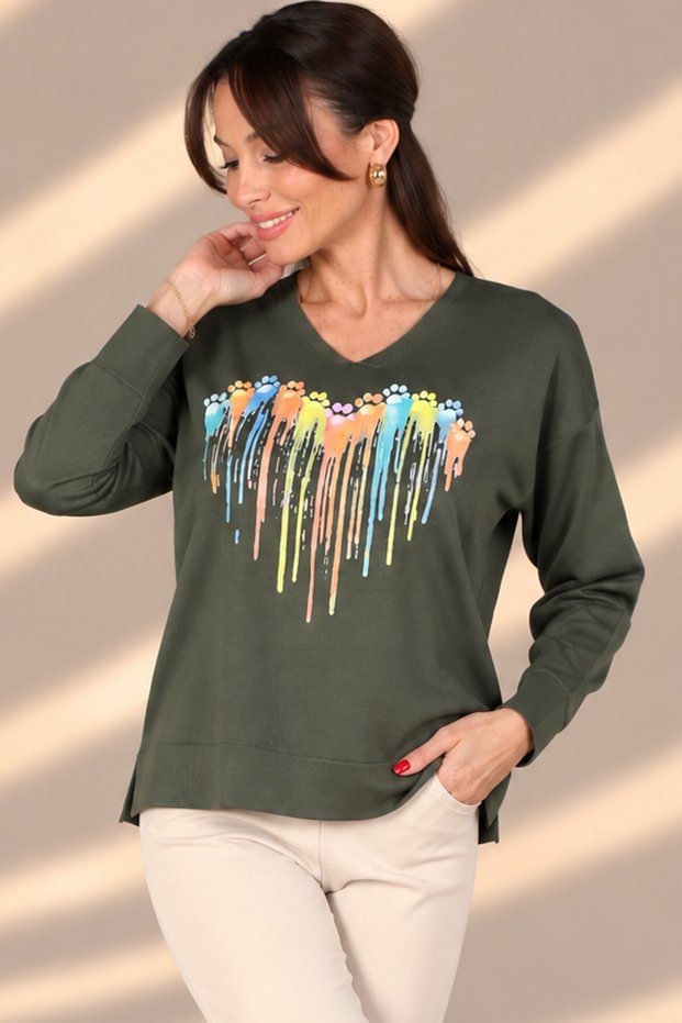 Women's V-Neck Paw Print Heart Pattern Long Sleeve Knitwear Blouse