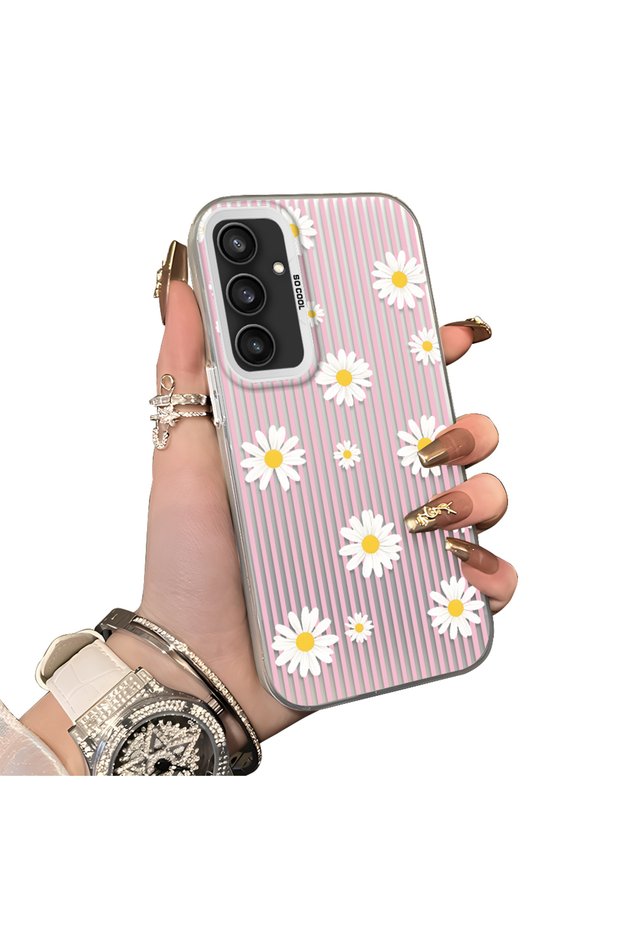 Samsung Galaxy S23 Fe Compatible Women's Pink Striped Daisy Phone Case Impact Resistant