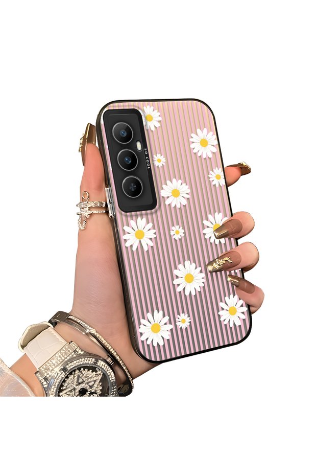 Realme C65 4g Compatible Women's Pink Striped Daisy Phone Case Impact Resistant