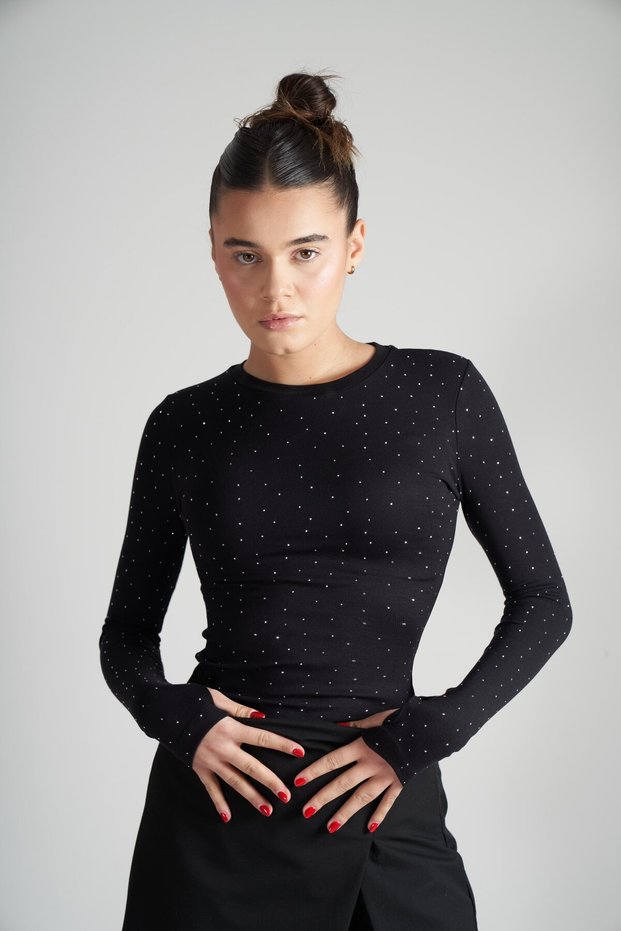 Women's Stone Detailed Long Sleeve Ribbed Blouse Cty-Abr-5975