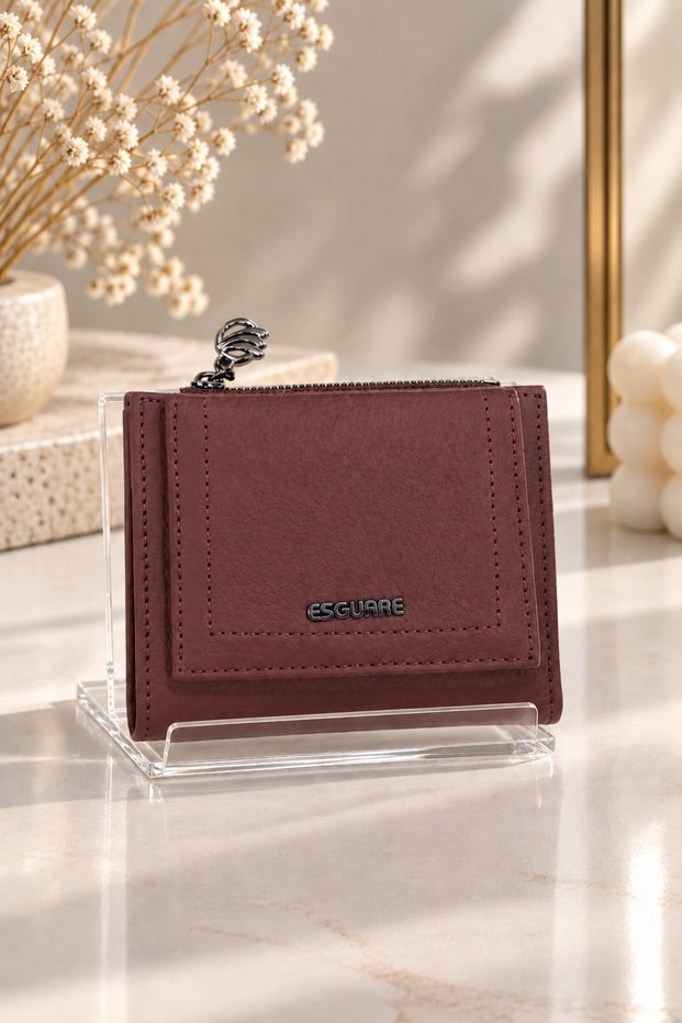 Women's Burgundy Multi-Compartment Snap Fastener Zippered Leather Look Small Wallet Card Holder