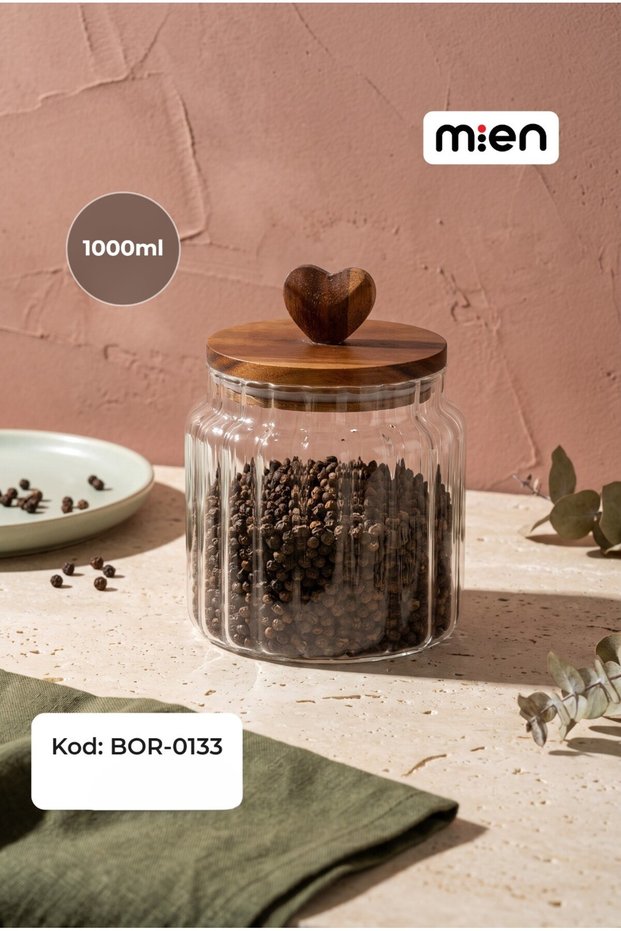 1000 ml Heart Acacia Glass Jar with Lid 16 cm