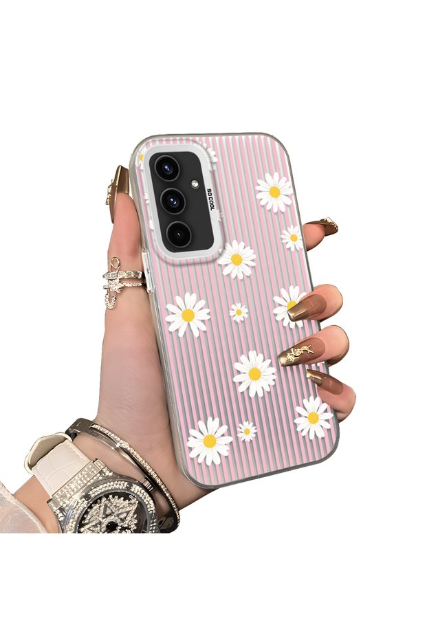 Samsung Galaxy A54 Compatible Women's Pink Striped Daisy Phone Case Shockproof