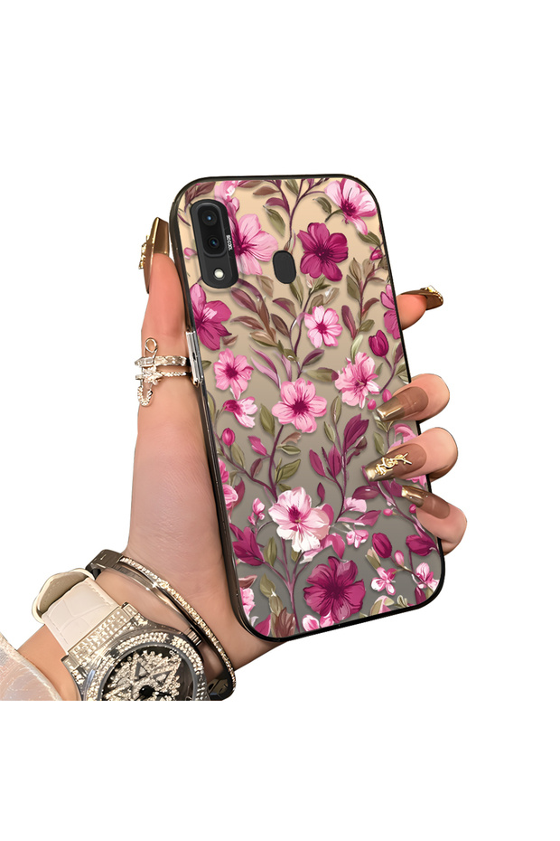 Samsung Galaxy A30/A20 Compatible Burgundy Pink Flower Pattern Phone Case Shockproof
