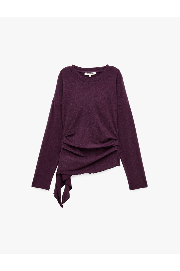 Slim Fit Viscose Fabric Asymmetrical Cut Boat Neck Draped Long Sleeve Blouse
