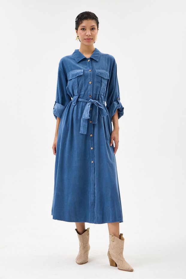 Blue Italian 100% Cotton Velvet Tie Waist Long Velvet Shirt Dress Size 38 - 42