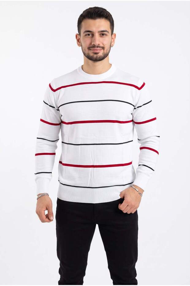 Men's Stripe Detailed White Red Black Crew Neck Standard Regular Cut Regular Fit Blended Fabric