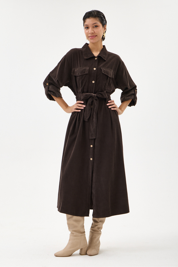Brown Italian 100% Cotton Velvet Tie Waist Long Velvet Shirt Dress Size 38 - 42