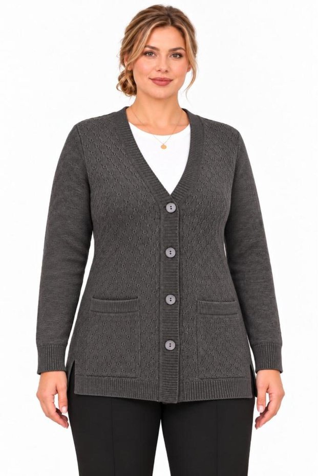 Women's Plus Size Gray Hair Knit Patterned V-Neck Buttoned Pocket Long Knitwear Cardigan