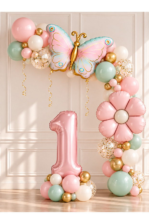 Party 1 Year Old Butterfly and Daisy Themed Birthday Balloon Set, 35 Piece Party Decoration Set with Pink Number Foil Balloons