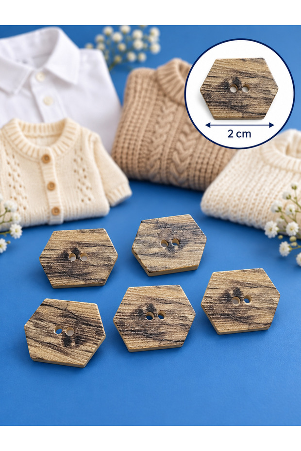 Beige and Brown Rectangular Patterned Asymmetric Button 2 cm Button 1 Pack 6 Pieces