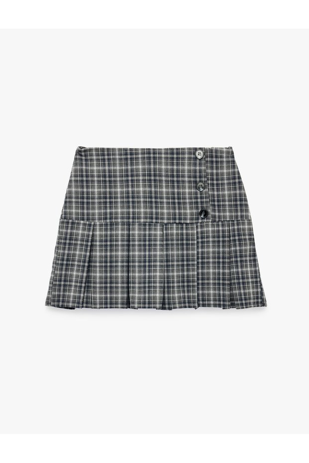Buttoned Plaid Mini Pleated Skirt