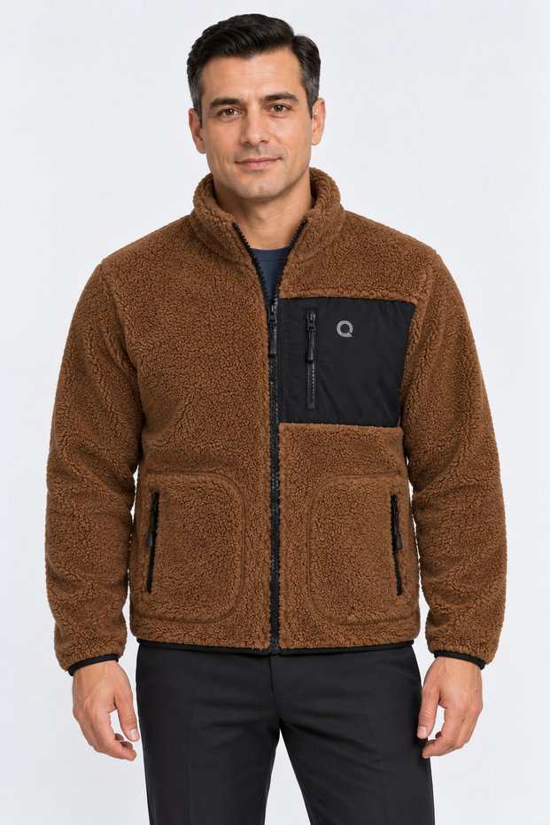Men's Oversize Welsoft Fabric Fleece Zippered Brown Jacket with Pockets