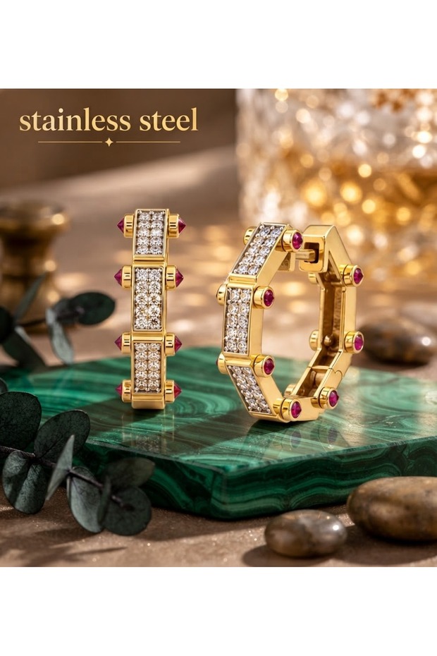 Vi̇p Gold Color Red Stone Baguette Steel Earrings