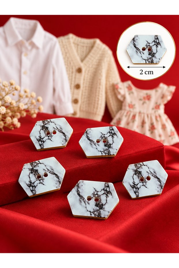 White and Brown Rectangular Patterned Asymmetrical Button 2 cm Button 1 Pack 6 Pieces