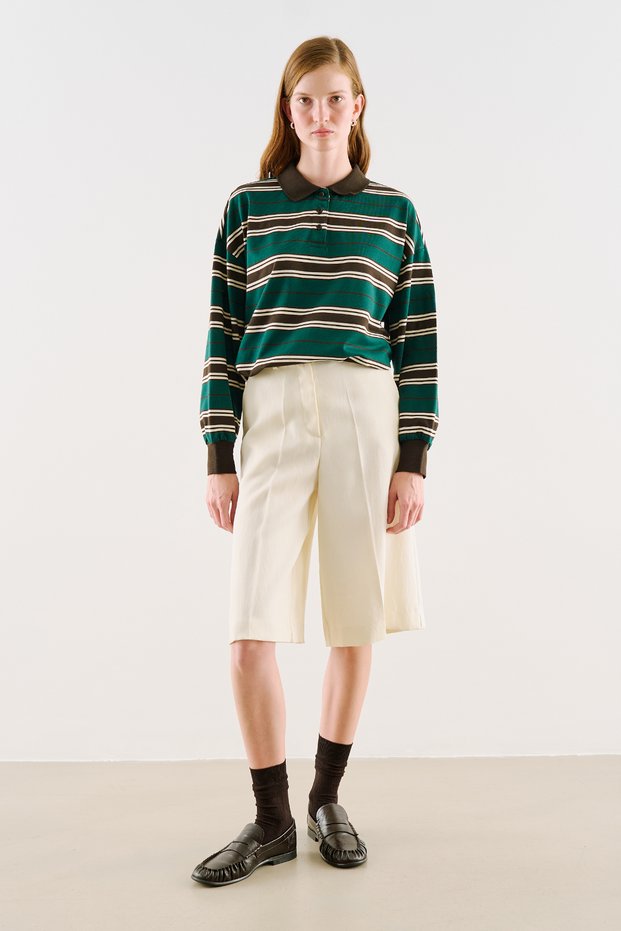 Polo Collar Striped Sweatshirt Green