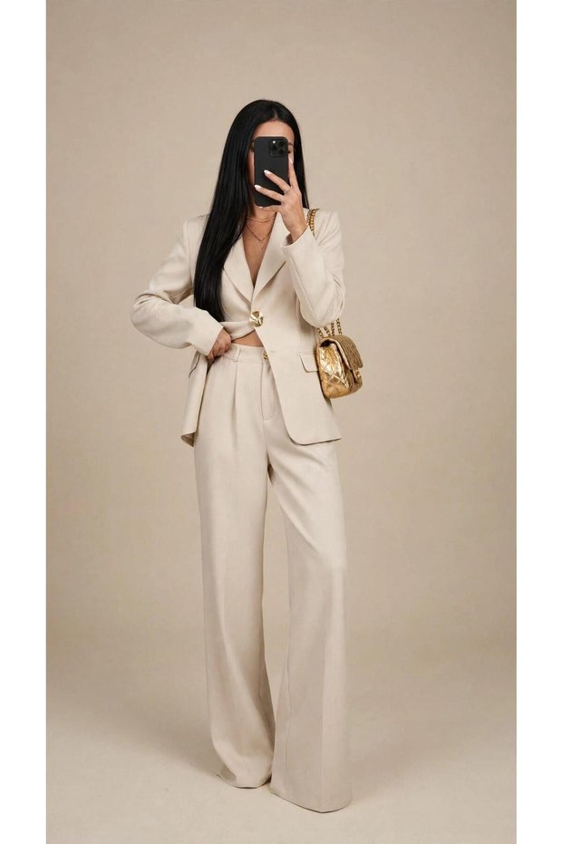 Women's Belded Gold Button Plazer Jacket Set