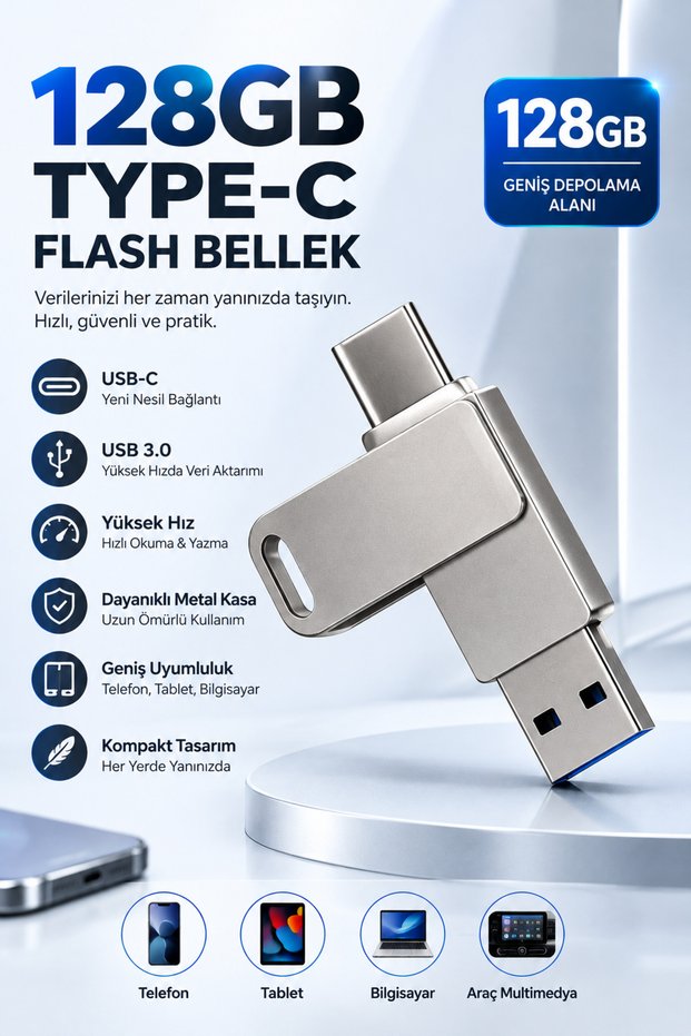 128Gb Type-C USB Flash Memory Dual Input Otg Supported High Speed Portable Storage