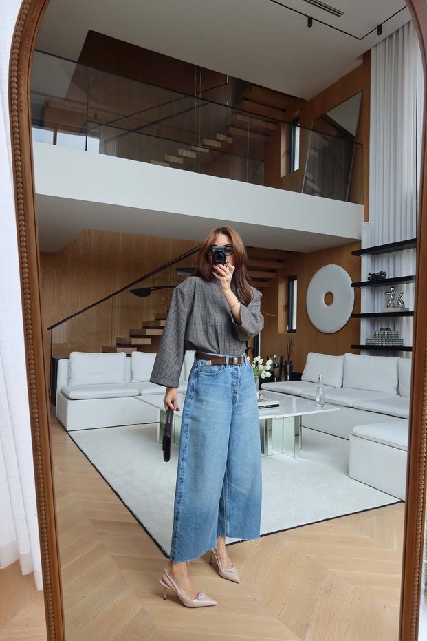 Plaid Blouse with Padded Shoulders and High Collar