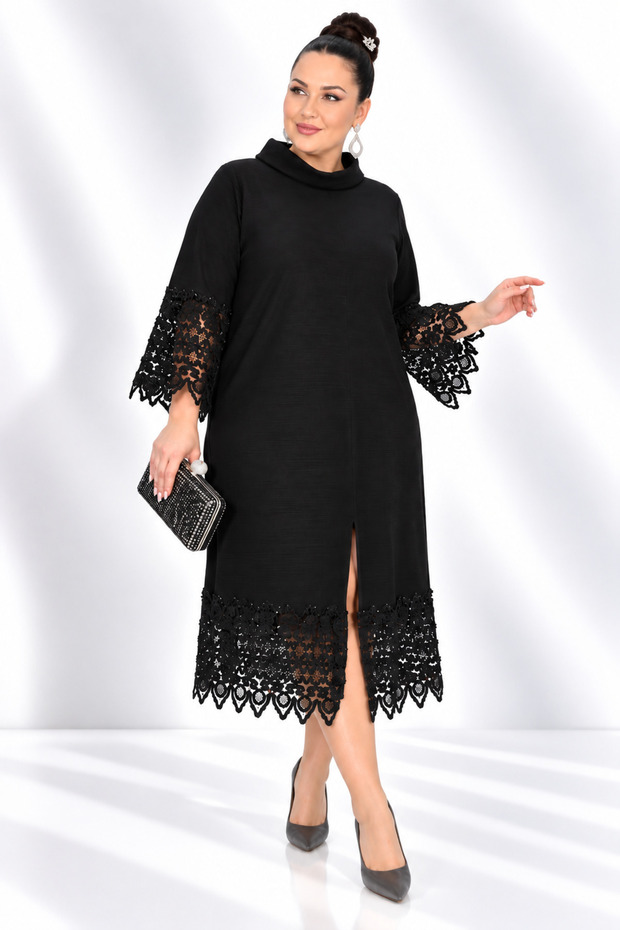Plus Size Women's Black 50-52 Size Stone Embellished Floral Lace Slit Special Occasion Dress