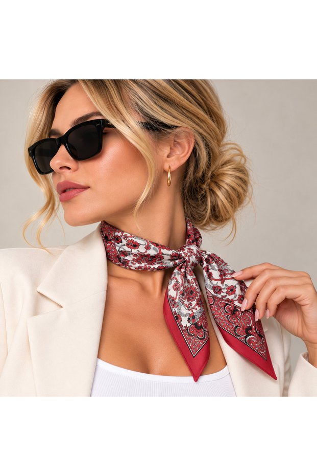 Red Floral Printed Pleated Scarf Bandana 45X45 cm