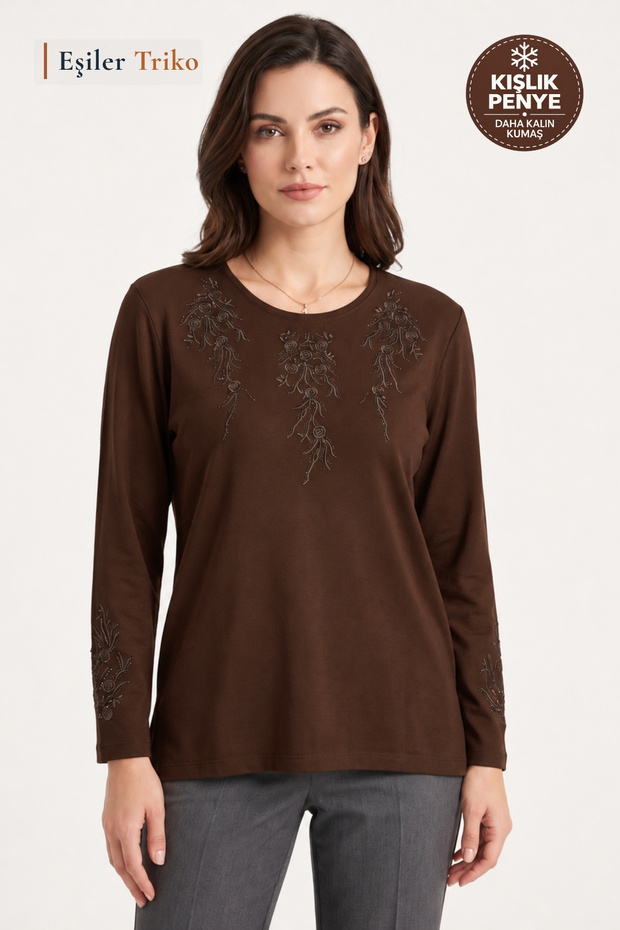 Women's Winter Rose Bunch Pattern Collar and Sleeves Embroidered, Stoned Clover Fabric Mother Combed Cotton Blouse