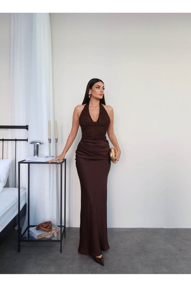 Halter neck lace satin dress
