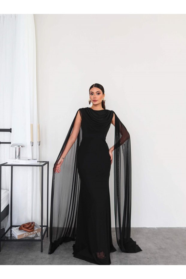 Degaje Collar Tulle Shoulder Cape Dress