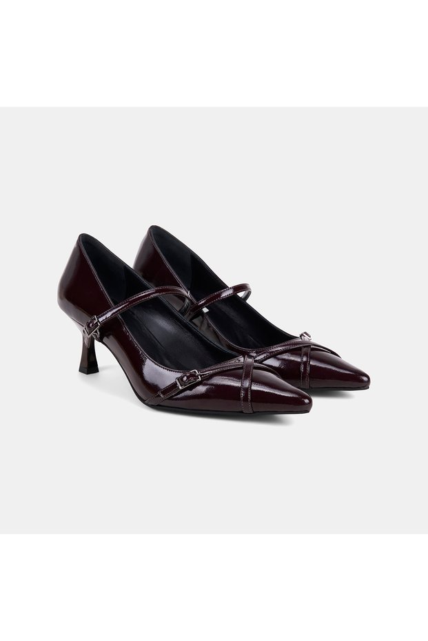 Women's Burgundy Thin Strap Patent Leather Heeled Shoes