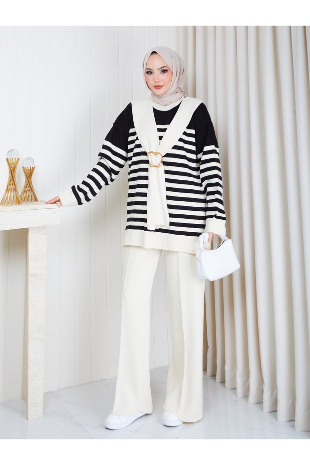 Women's Shawl Detailed Buckle Tricot Tunic Set