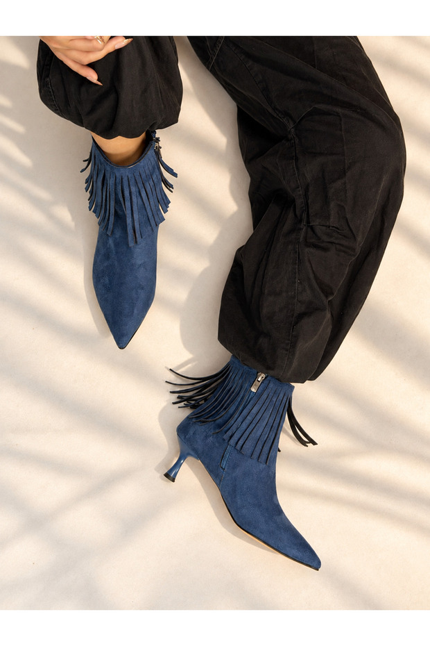 Savanna Navy Blue Suede 5 cm Thin Heel Tassel Detail Women's Boots Botti̇e