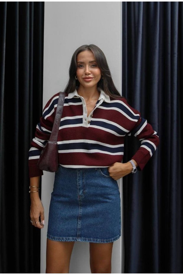 Women's Burgundy Striped Polo Collar Oversized Sweater