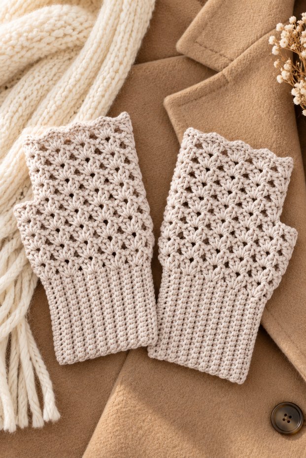 Women's Fingerless Beige Knitted Gloves Hand Knitted Winter Warm Gloves for Daily Use