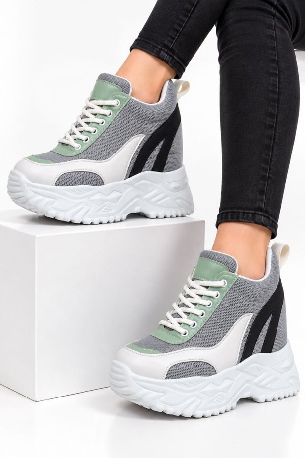 White Aqua Green Women's Internal High Platform Sneakers with High Heels Height 10 cm