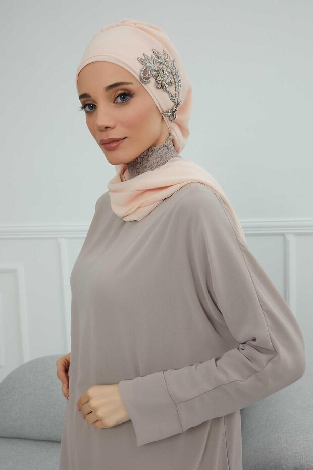 Chiffon Ready-To-Wear Turban with Side Stone Flower Accessory, Ht-104, Ht-104 Beige