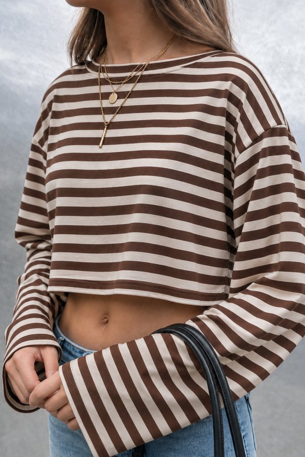 Women's Crew Neck Striped Loose Fit Crop Blouse
