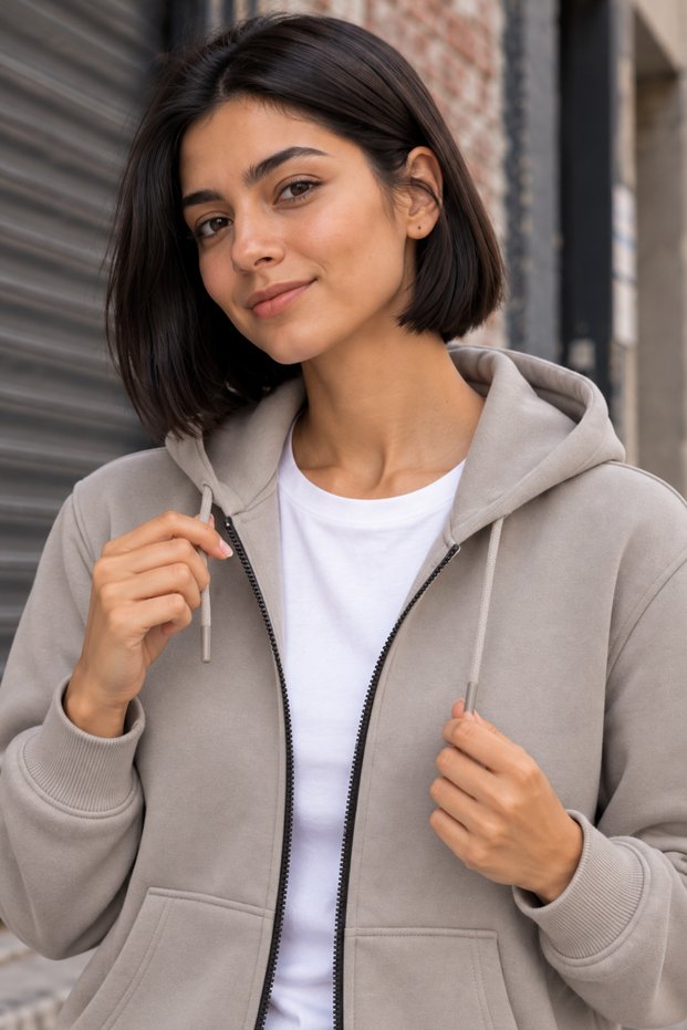 Hooded Fleece Inside Full Zipper Pocketed Winter Sweatshirt Stone Color Women's Cardigan