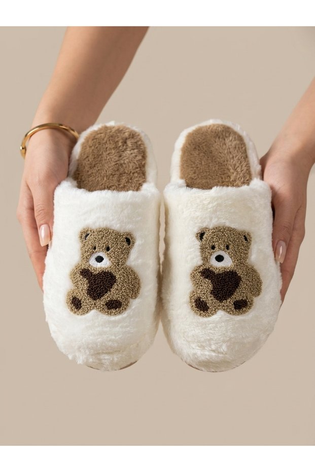 Teddy Pattern Women's House Slippers | Wool Plush Slippers | Embroidered Half-Closed Lightweight Non-Slip Sole