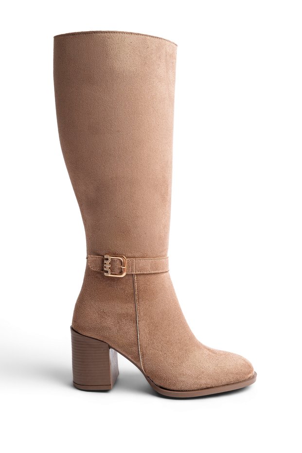 Women's Mink Suede Thermo Rubber Sole Heeled Boots with Stone Buckle