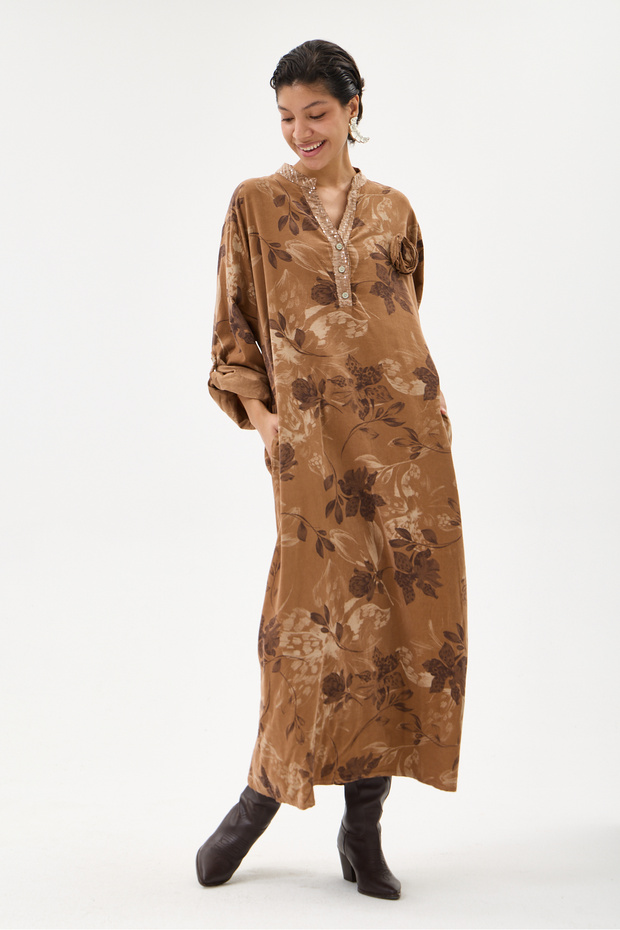 Camel Italian 100% Cotton Velvet Half Button Floral Patterned Long Velvet Dress 60 - 46 Size