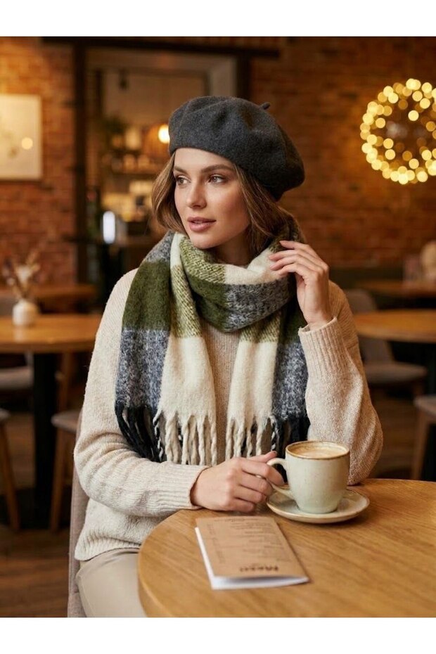 Women's Premium Soft Plaid Square Patterned Boucle Soft Textured Long Tassel Winter Shoulder Women's Shawl Scarf